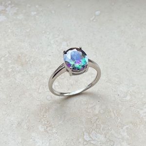 Sterling Silver Solitaire Rainbow Topaz CZ Ring, Wedding Rings, CZ Stones